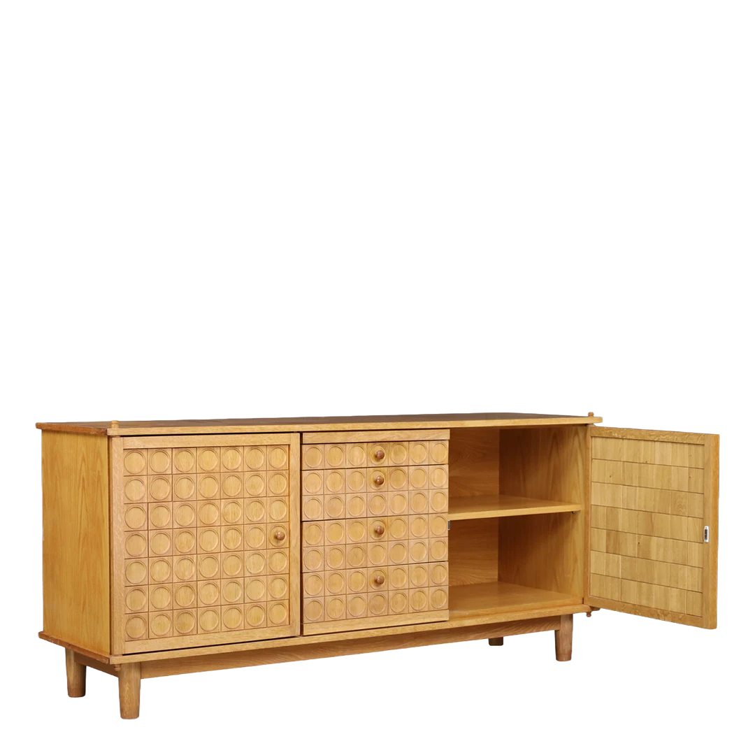 1970s Belgian : European oakwood sideboard w/geometric relief-carved facade
