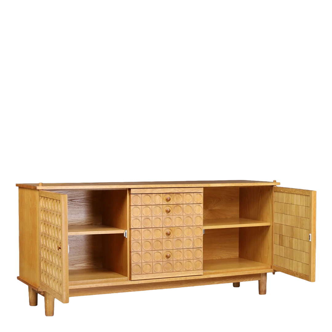 1970s Belgian : European oakwood sideboard w/geometric relief-carved facade