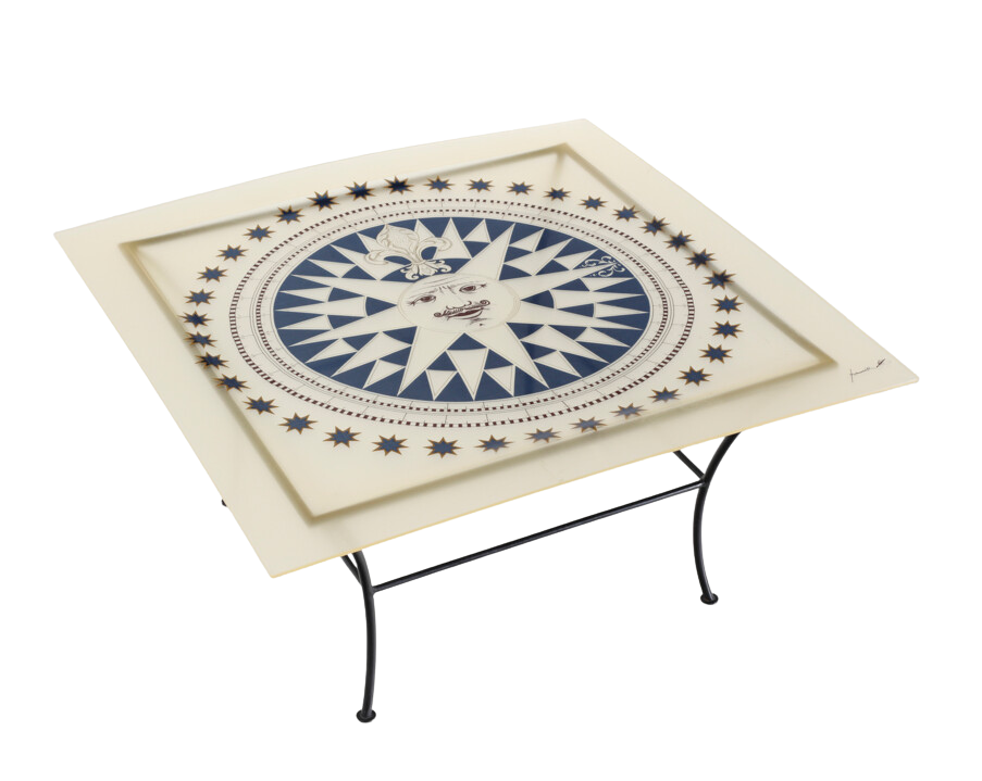 1990s Italian : Piero Fornasetti sheathed silk & metal coffee table