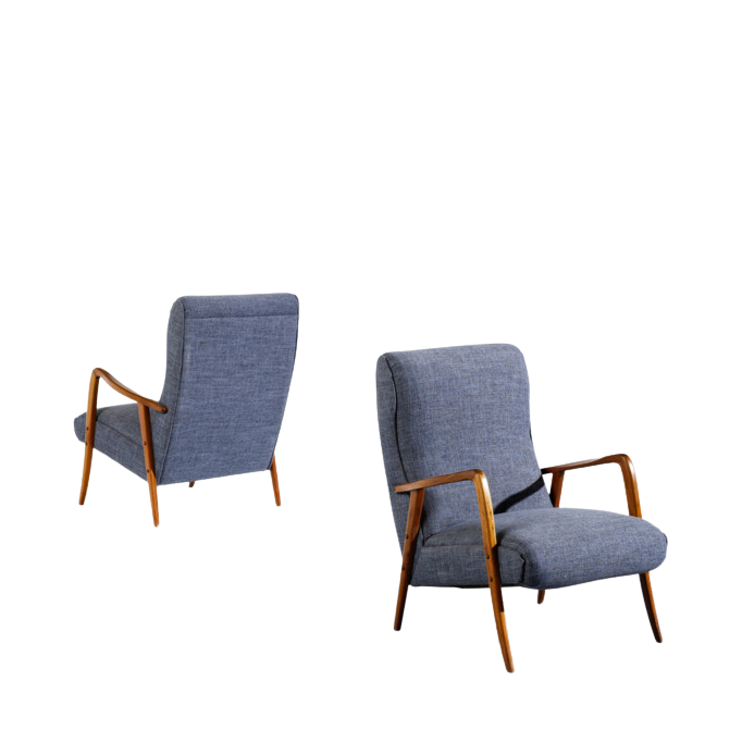 1960s Italian : pair of solid walnut armchair w/blue upholstery