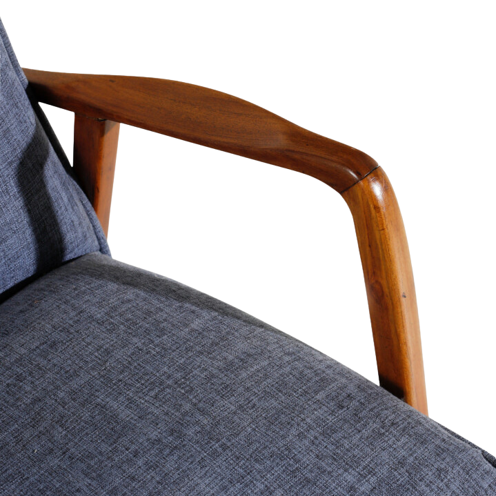 1960s Italian : pair of solid walnut armchair w/blue upholstery