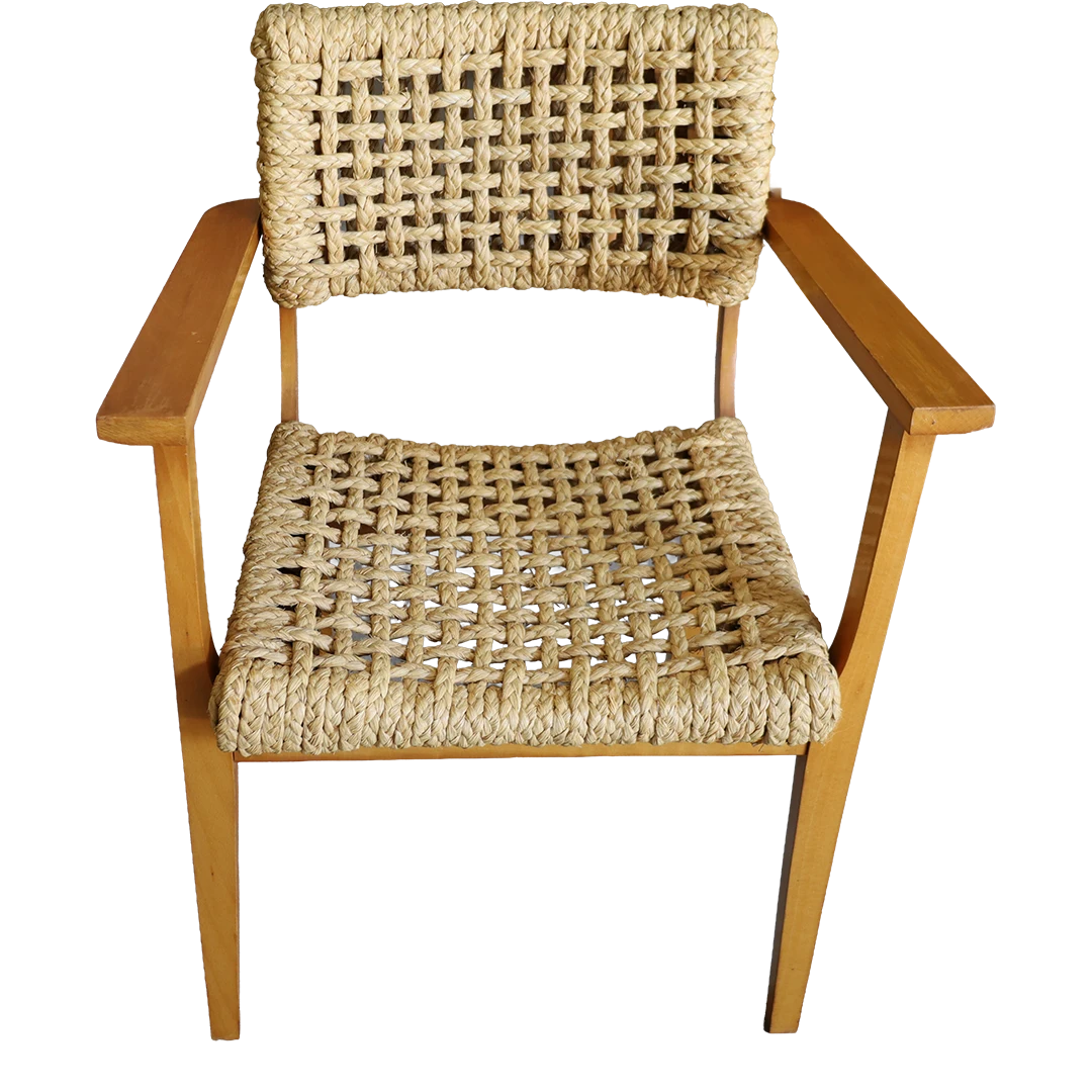 1960s : Audoux + Minet style armchair w/woven seagrass