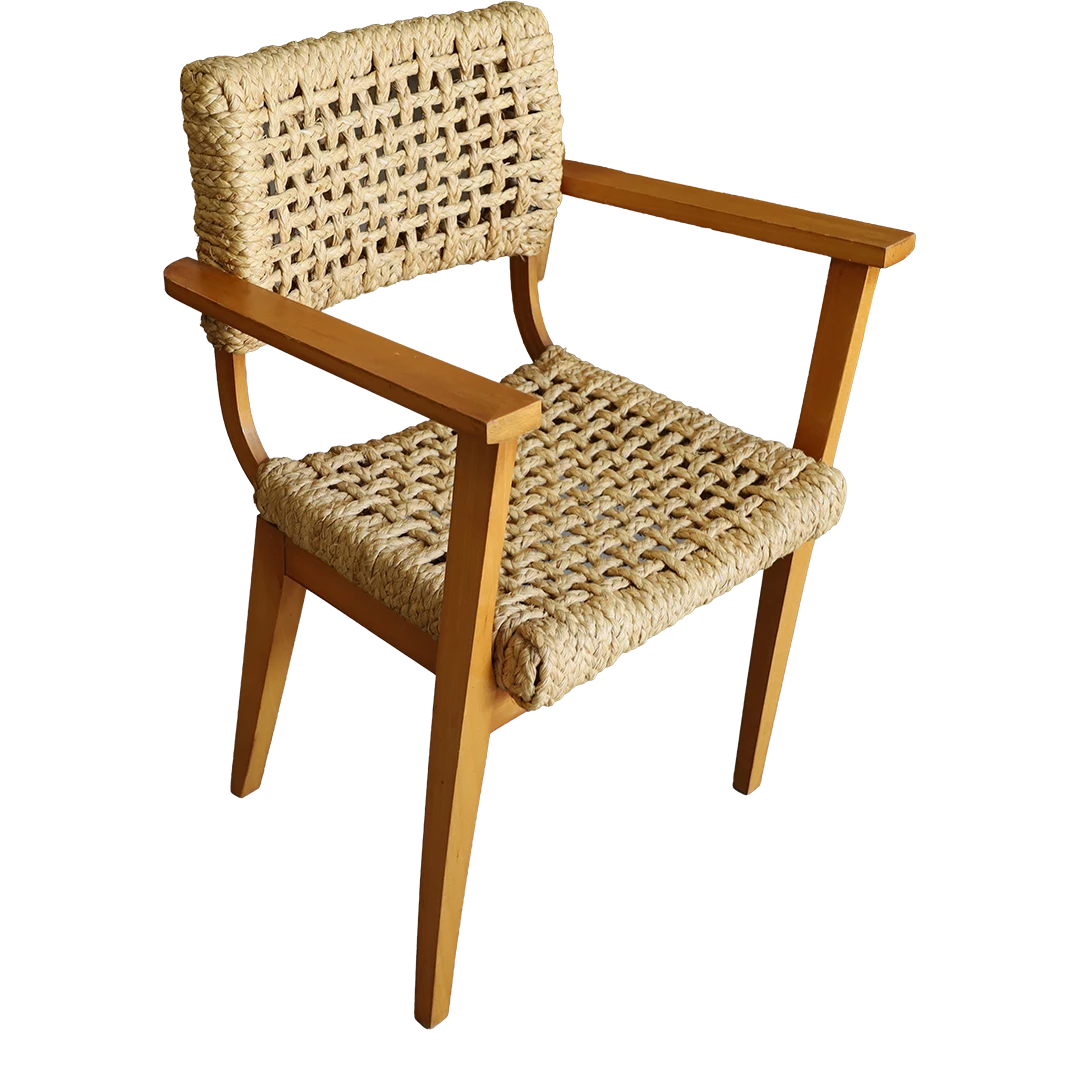1960s : Audoux + Minet style armchair w/woven seagrass