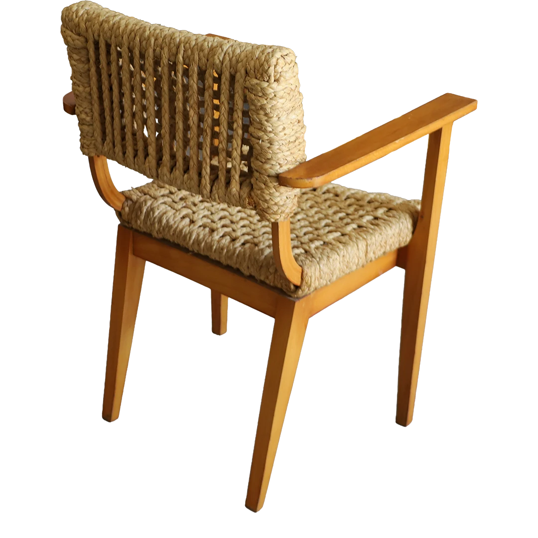 1960s : Audoux + Minet style armchair w/woven seagrass