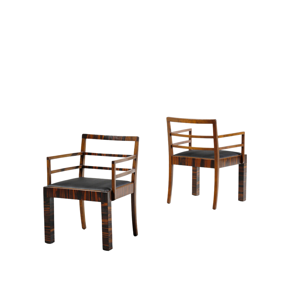 1930s Bruno Paul : exceptional pair Rationalist armchairs in Macassar Ebony
