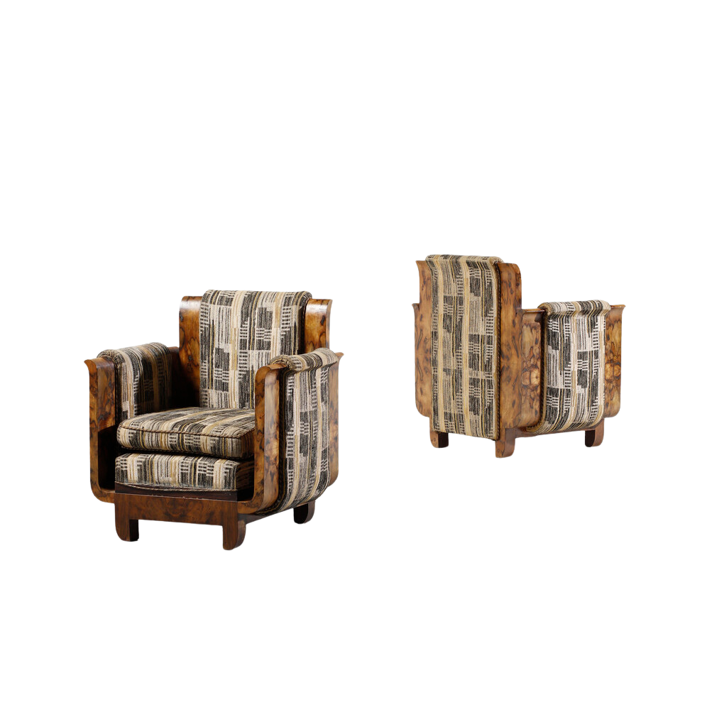 1930s Italian : exceptional pair figural "radical di noce" poltrona chairs