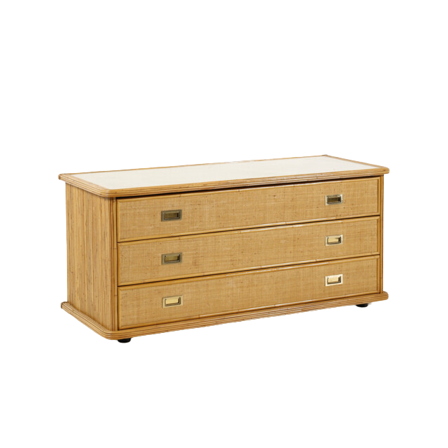 1970s Italian : bamboo, brass & glass 55" chest of drawers