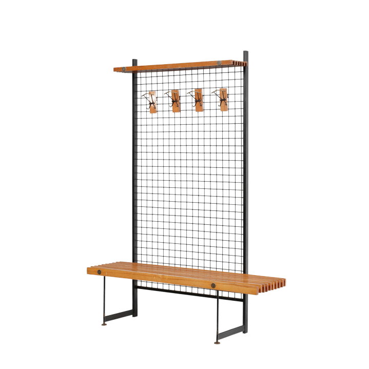 1960 Italian : solid teakwood & iron 75" entrance bench w/coat rack