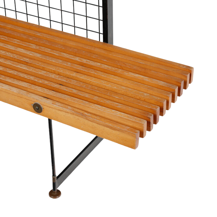 1960 Italian : solid teakwood & iron 75" entrance bench w/coat rack