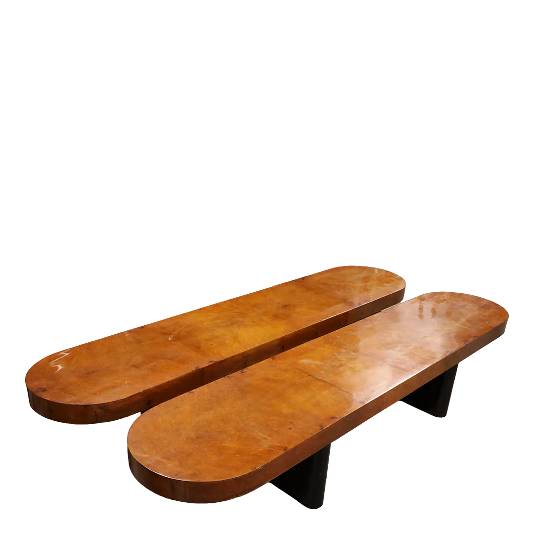 1960s Italian : architectural 62" long bench in walnut bur veneer