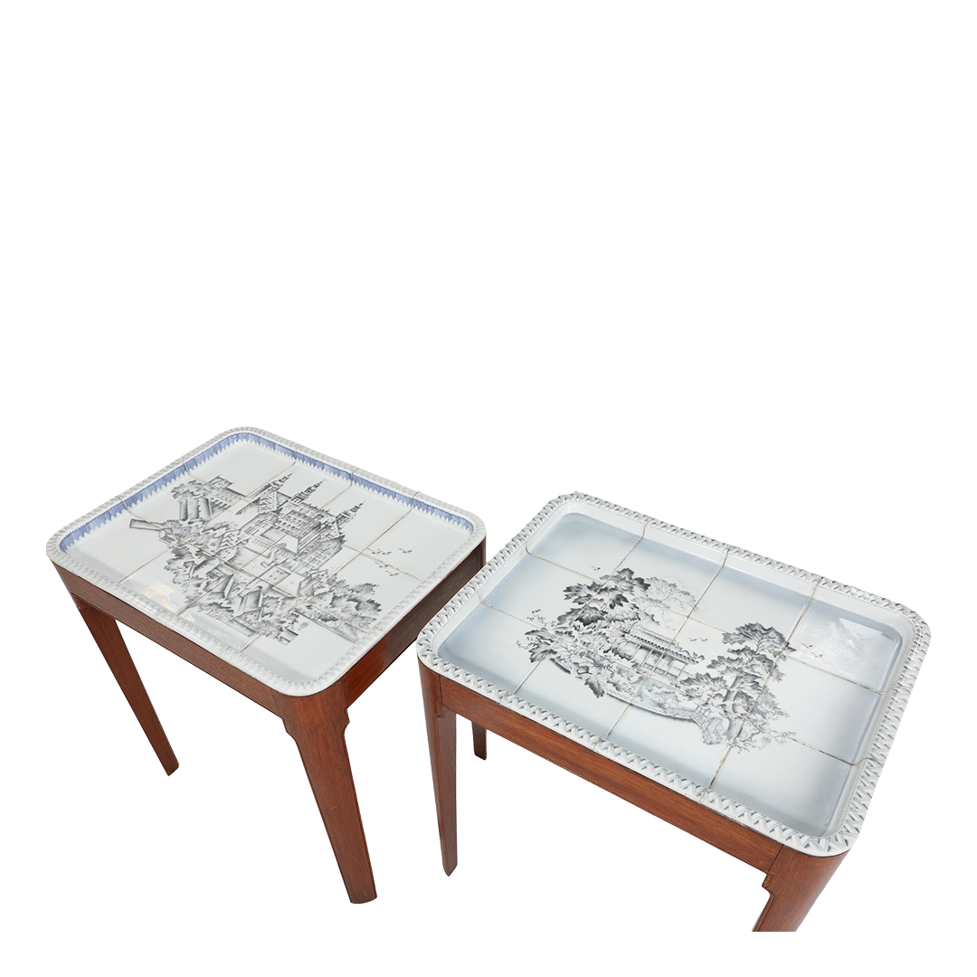 1950 Danish : pair mahogany side tables w/Bing & Grøndahl porcelain tops