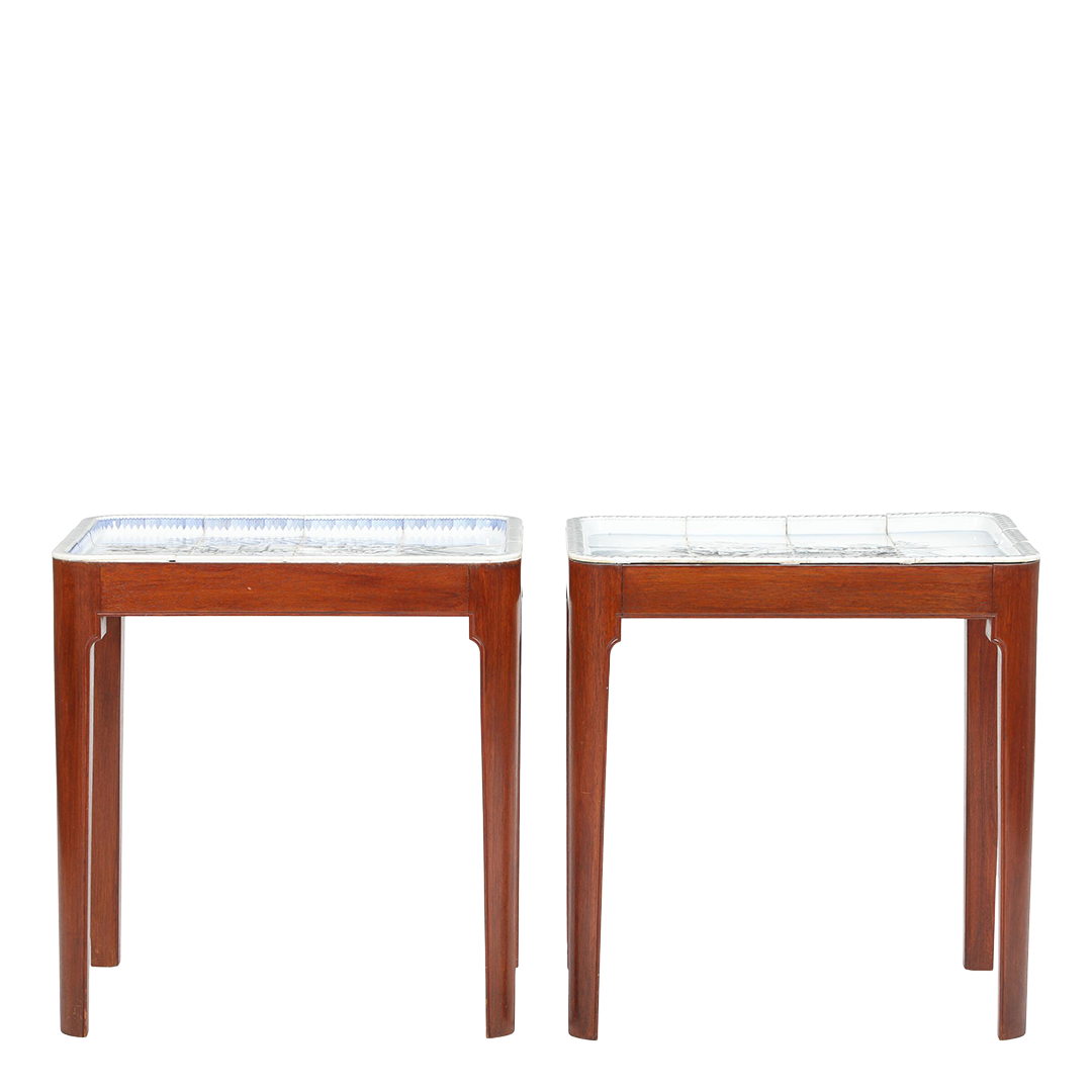 1950 Danish : pair mahogany side tables w/Bing & Grøndahl porcelain tops