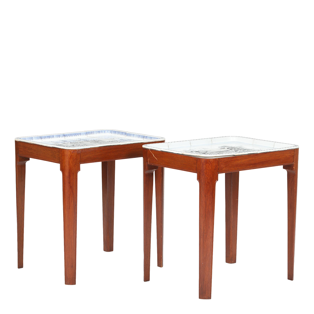 1950 Danish : pair mahogany side tables w/Bing & Grøndahl porcelain tops