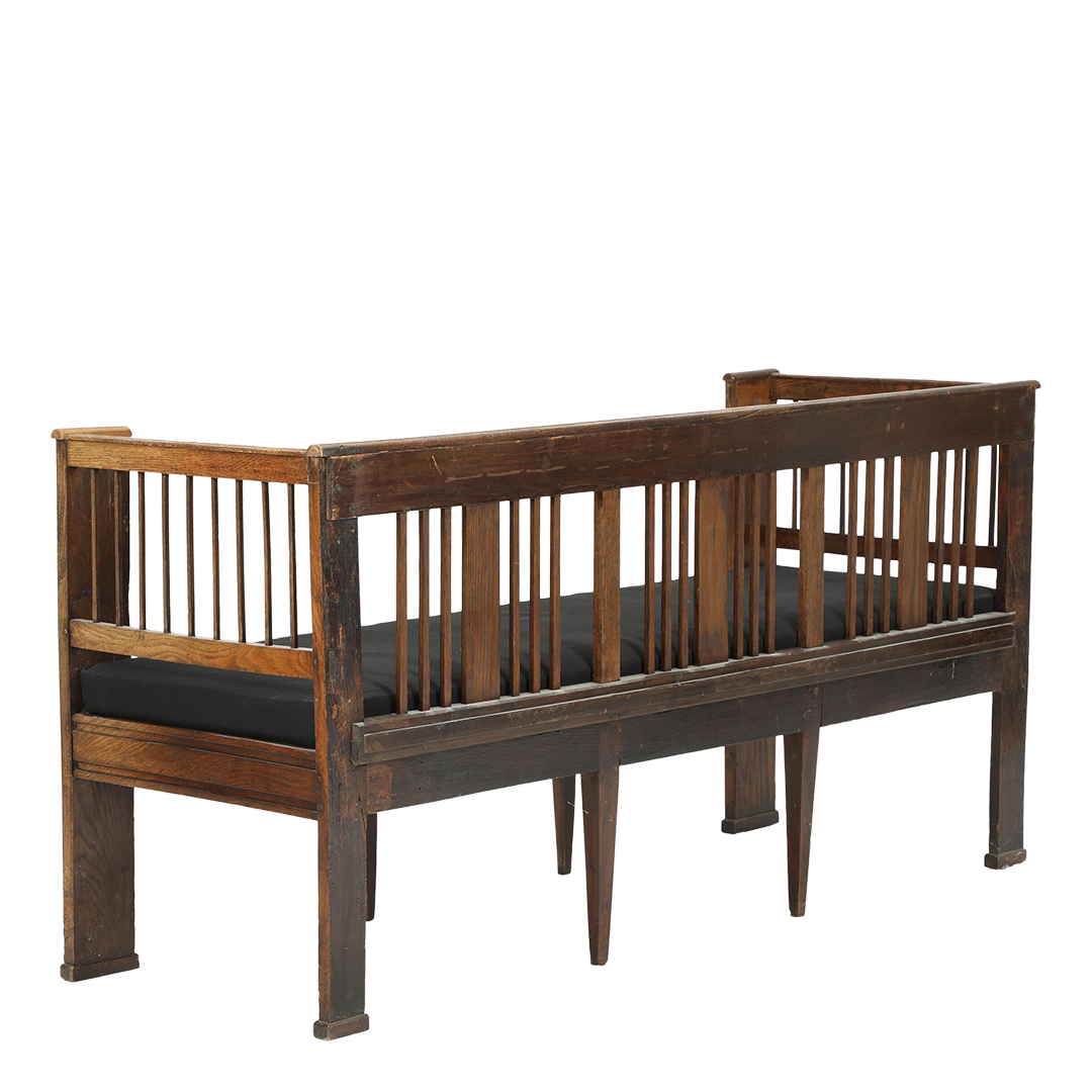 19thc Northern European : solid oakwood Empire bench w/intasia and upholstery
