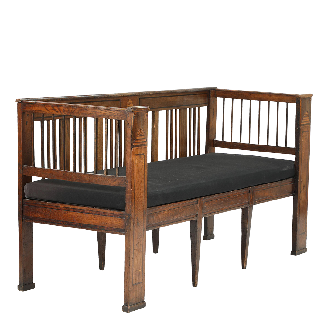 19thc Northern European : solid oakwood Empire bench w/intasia and upholstery