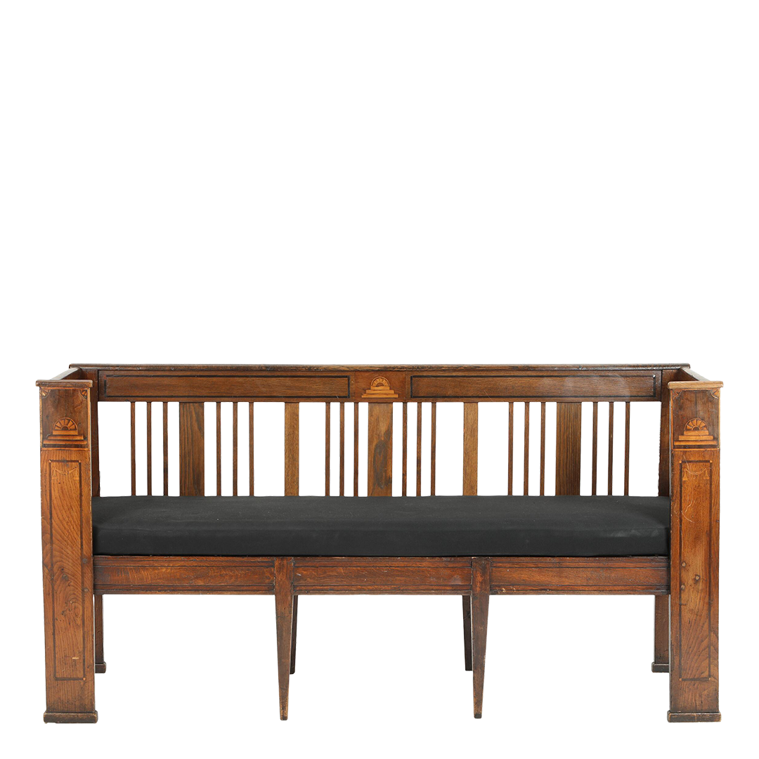 19thc Northern European : solid oakwood Empire bench w/intasia and upholstery