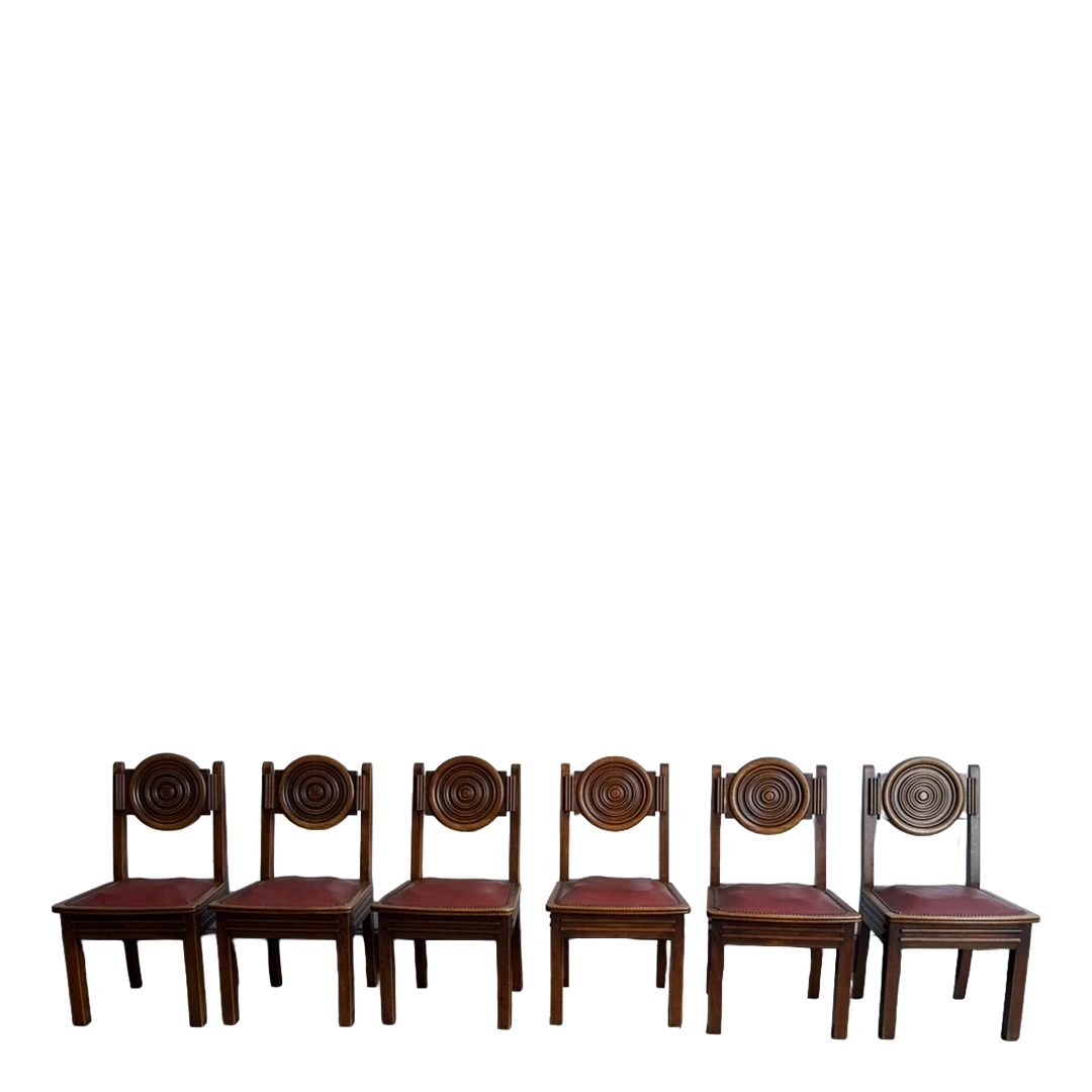 1938 Étienne Kohlmann : set six attributed oak medallion dining chairs