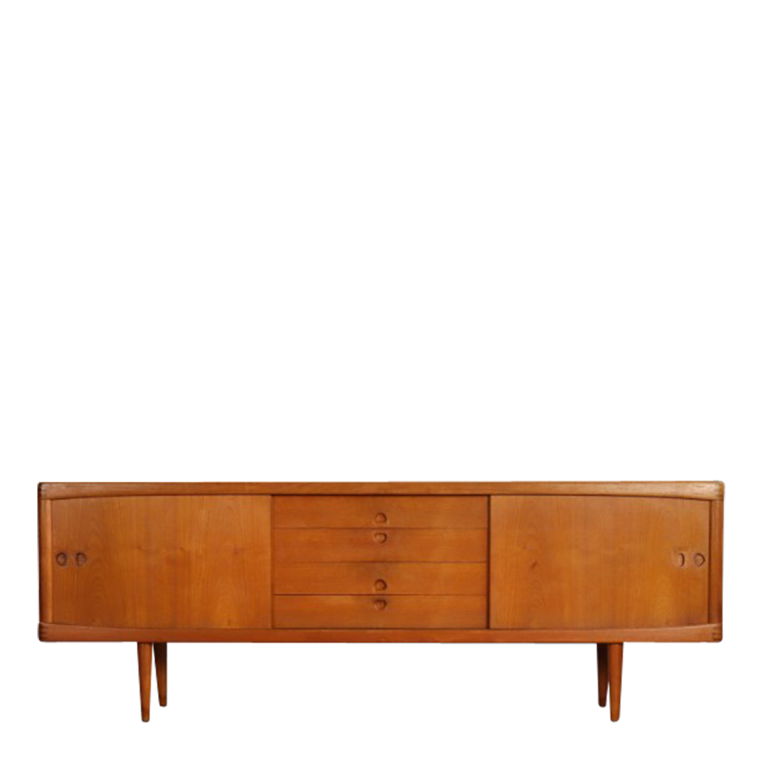 1950s H.W. Klein : 89" teakwood sideboard w/sliding doors