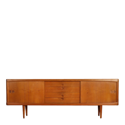 1950s H.W. Klein : 89" teakwood sideboard w/sliding doors