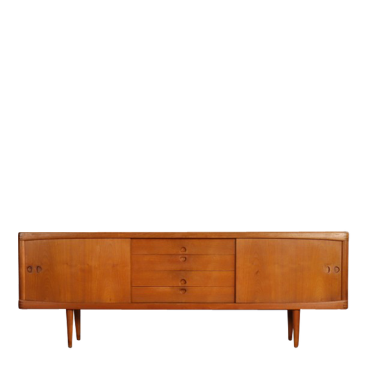 1950s H.W. Klein : 89" teakwood sideboard w/sliding doors