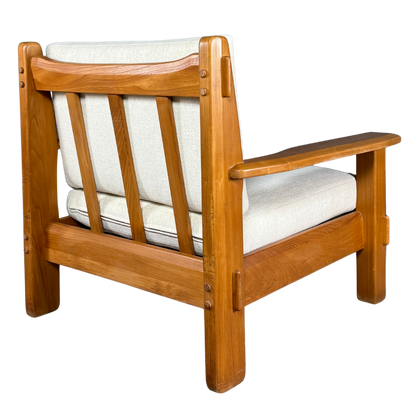 1970s French : solid oakwood lounge chair, visible joinery, new upholstery