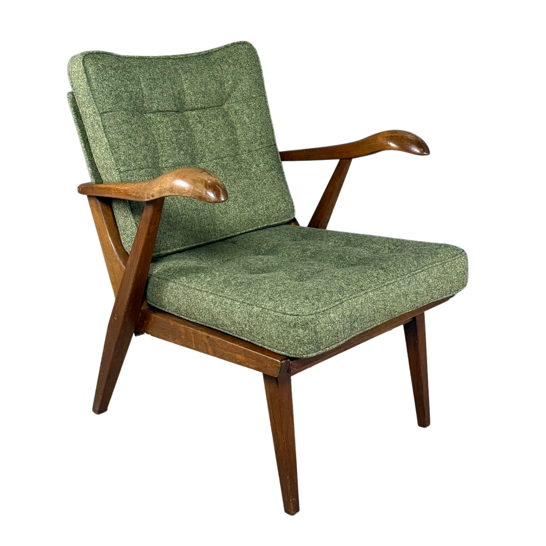 1950s French : dark stained oakwood lounge chair w/felted wool