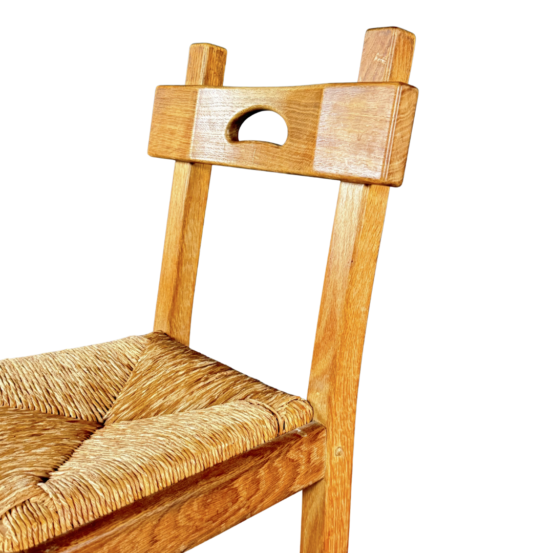 1940s French : set six French provincial oak & natural rush dining chairs