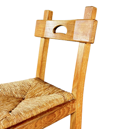 1940s French : set six French provincial oak & natural rush dining chairs