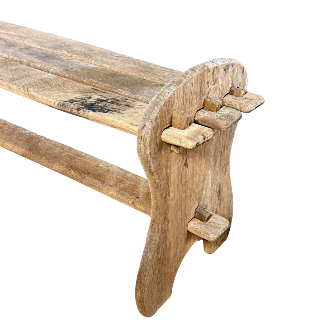 1940s French : "modern rustique" brutalist solid chestnut trestle bench