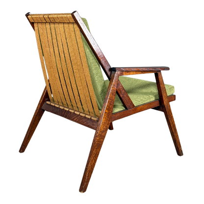 1950s Miroslav Navrátil : dark-stained oakwood armchair, linen straps
