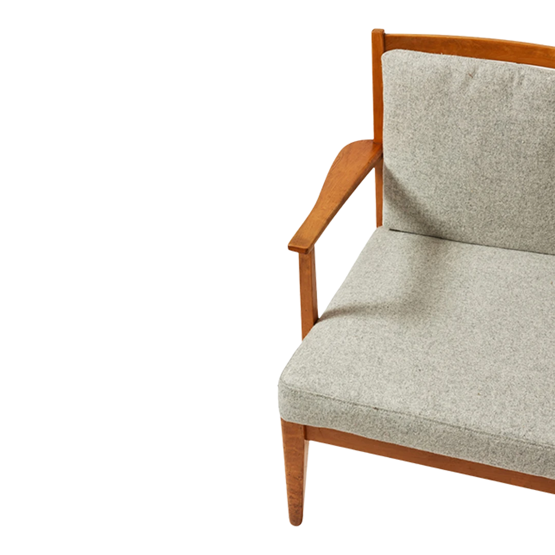 Late 1930s Jens Risom : low birchwood armchair & stool, Denmark