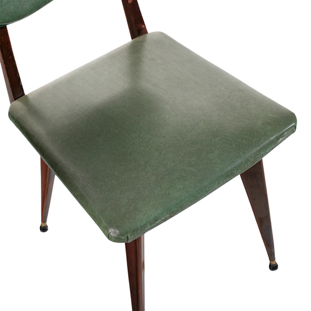 1950s Italian : set six green skai & brass dining chairs