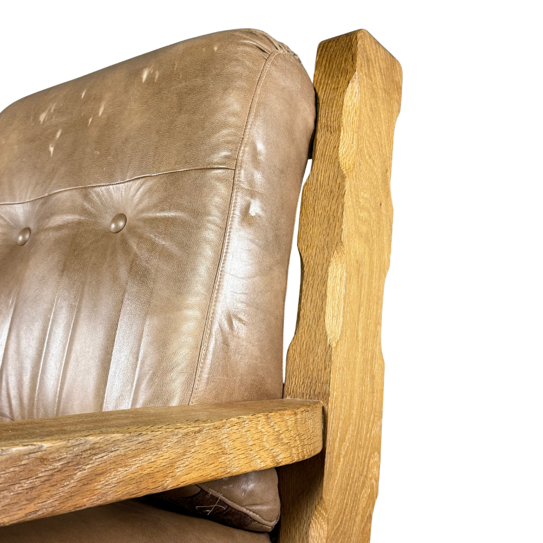 1970s French :  Néo-Rustique solid oakwood and leather lounge chair