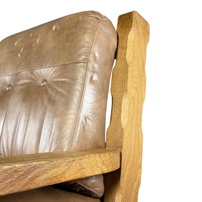 1970s French :  Néo-Rustique solid oakwood and leather lounge chair