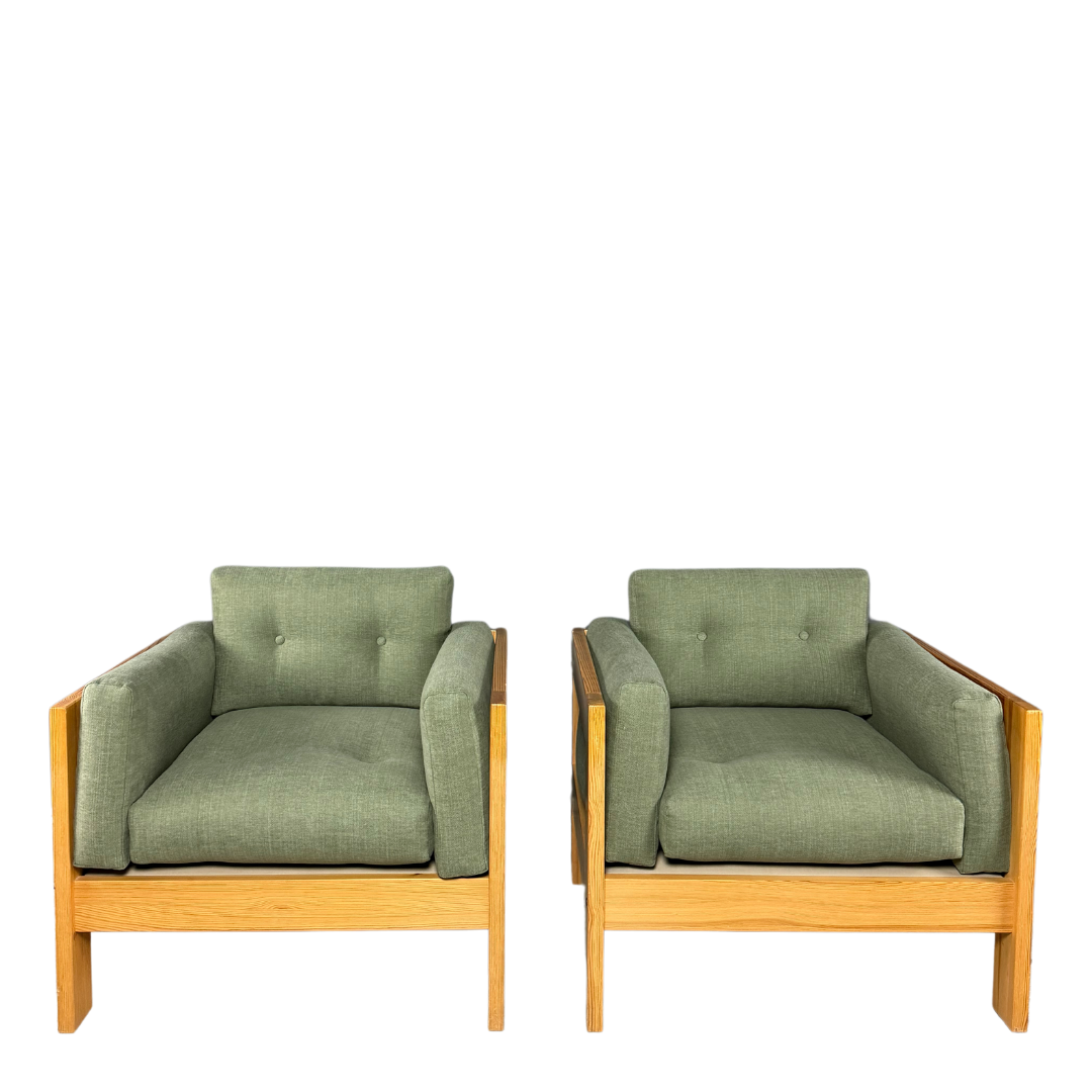 Pair 1980s European : solid pinewood square-frame armchairs