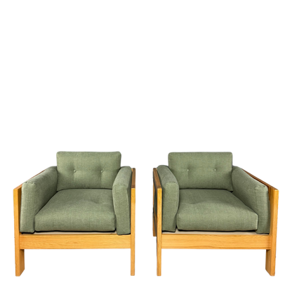 Pair 1980s European : solid pinewood square-frame armchairs