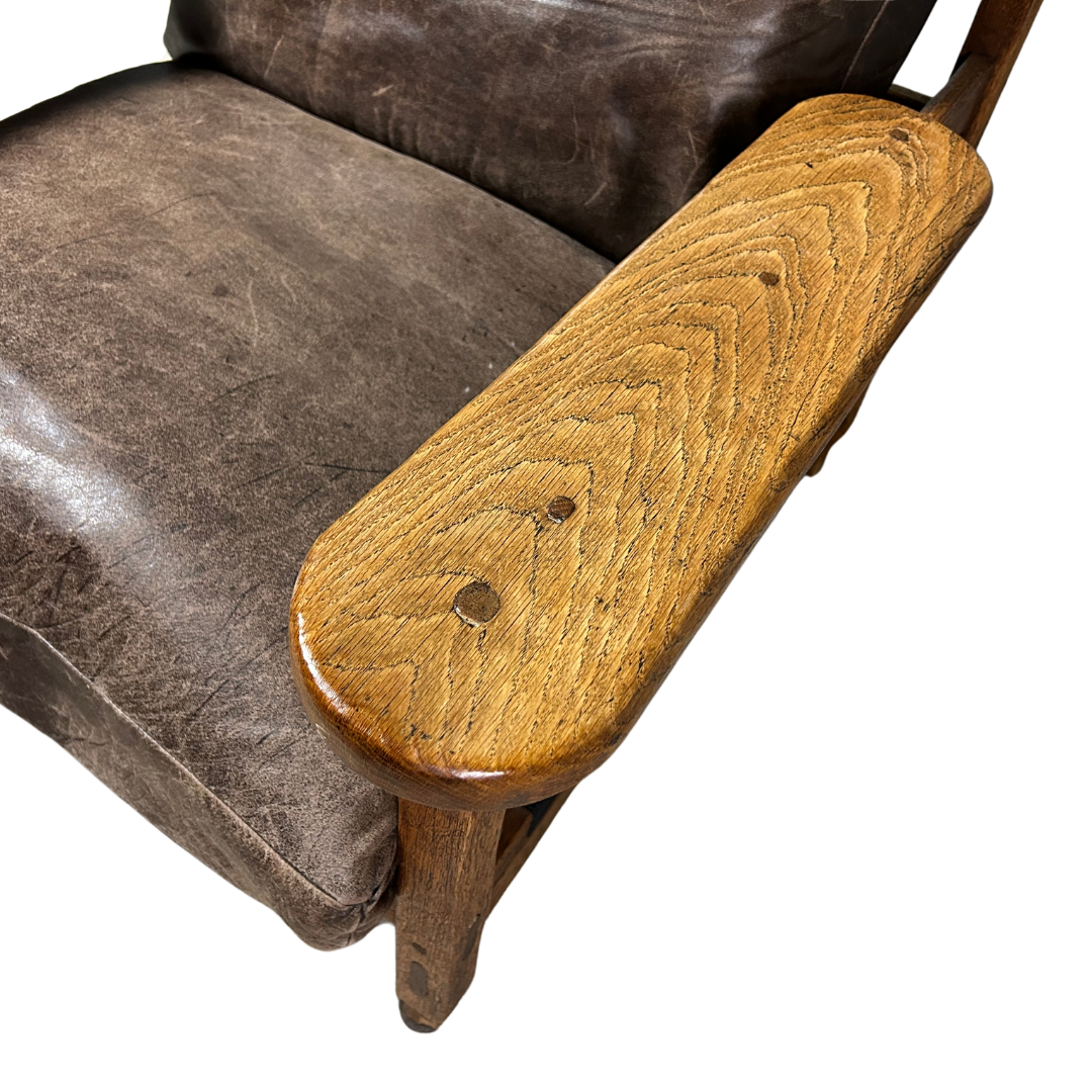 1970s French Brutalist : solid oakwood & leather lounge chair