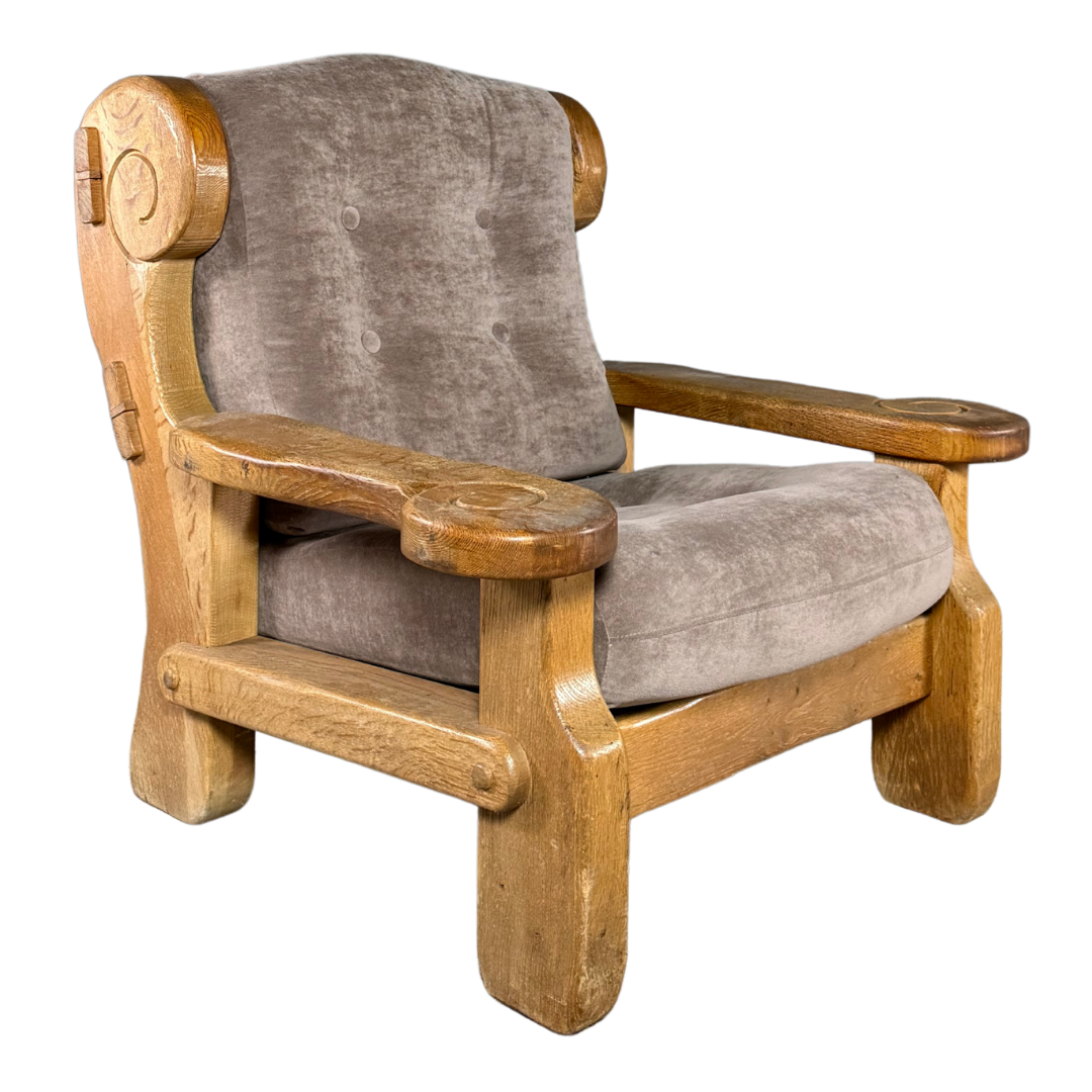 1970s French : pair large brutalist oakwood lounge chairs