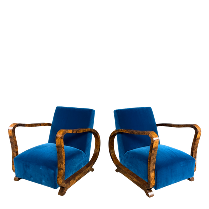1930s European : pair figural burl walnut Art Deco armchairs