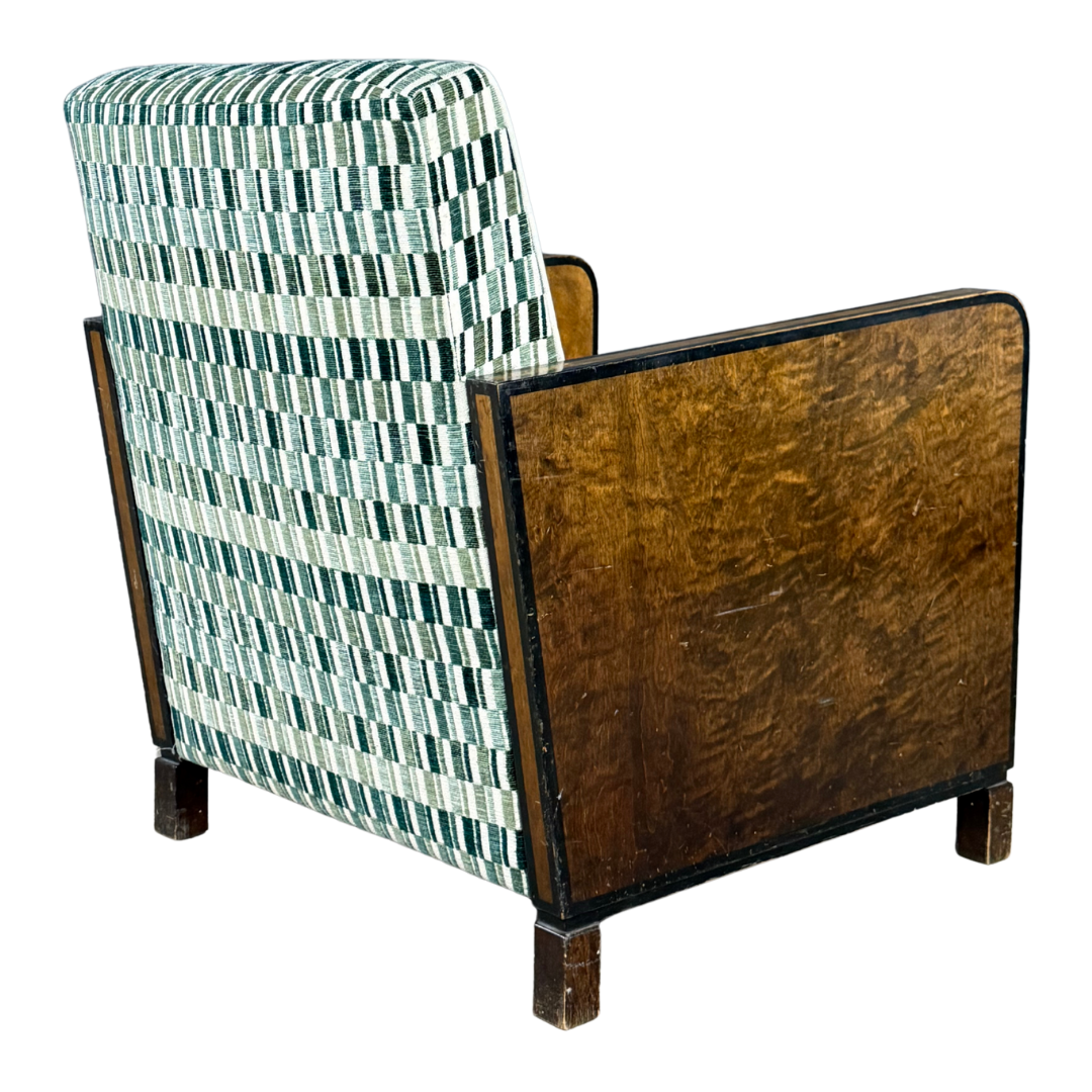 1940s European : pair post Art Deco functionalist armchairs in burl walnut