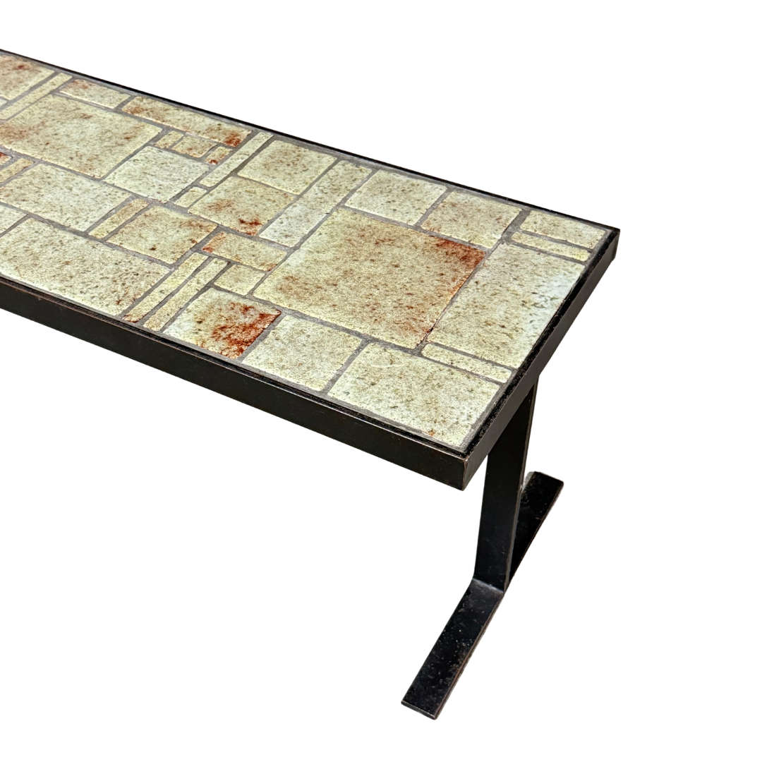 1970s French : blackened iron coffee table w/ceramic tile top