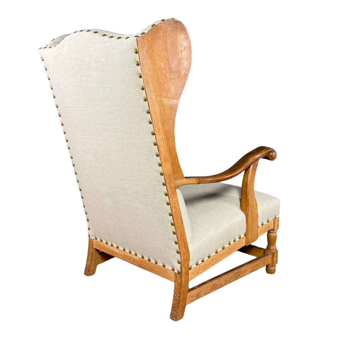 1940s Danish : solid oakwood tall wingback armchair w/ new upholstery
