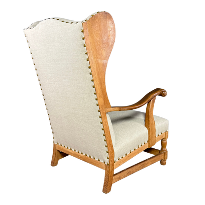1940s Danish : solid oakwood tall wingback armchair w/ new upholstery