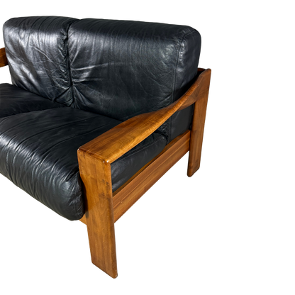 1970s Mobilgirgi S.p.a. : architectural black leather 2-seat sofa, Italy