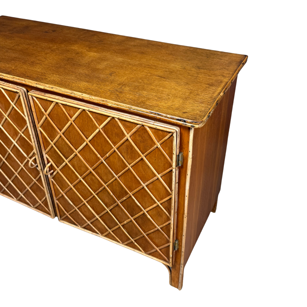 1950s French : quarter sewn oak cabinet with lattice bamboo