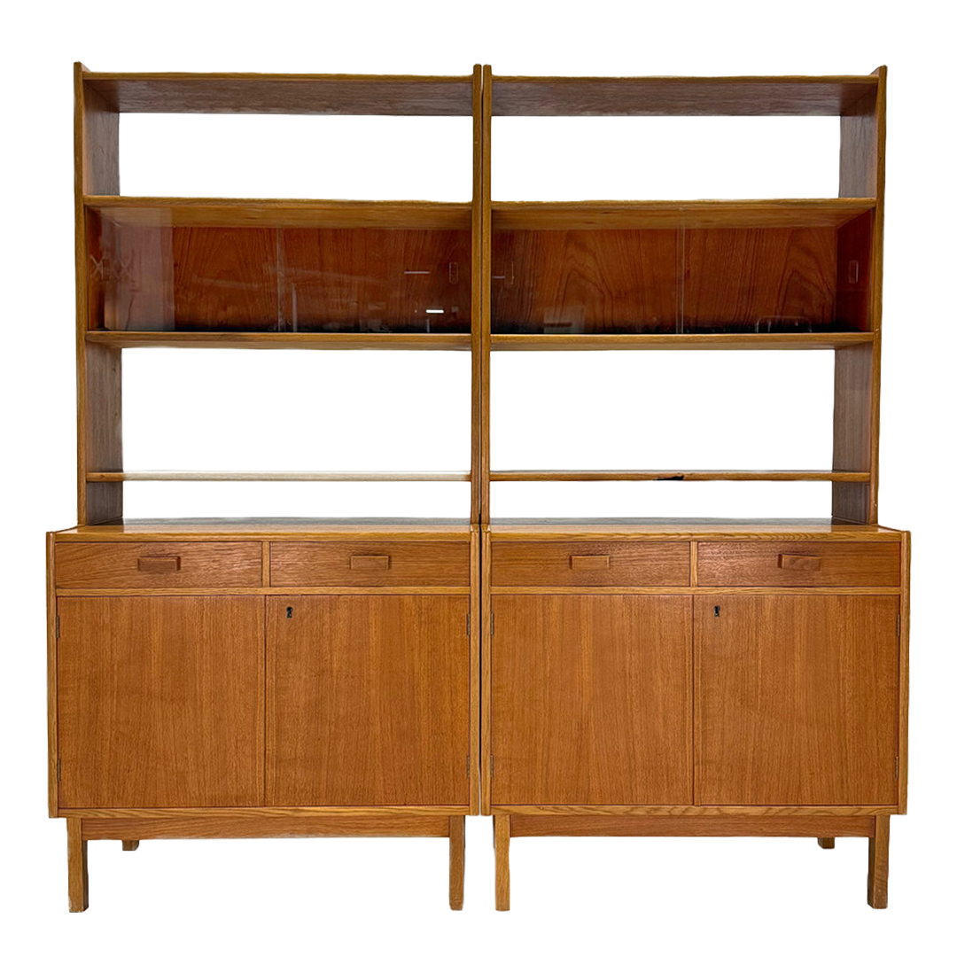 1950s Swedish : teakwood & oak 62" 2-part display cabinet