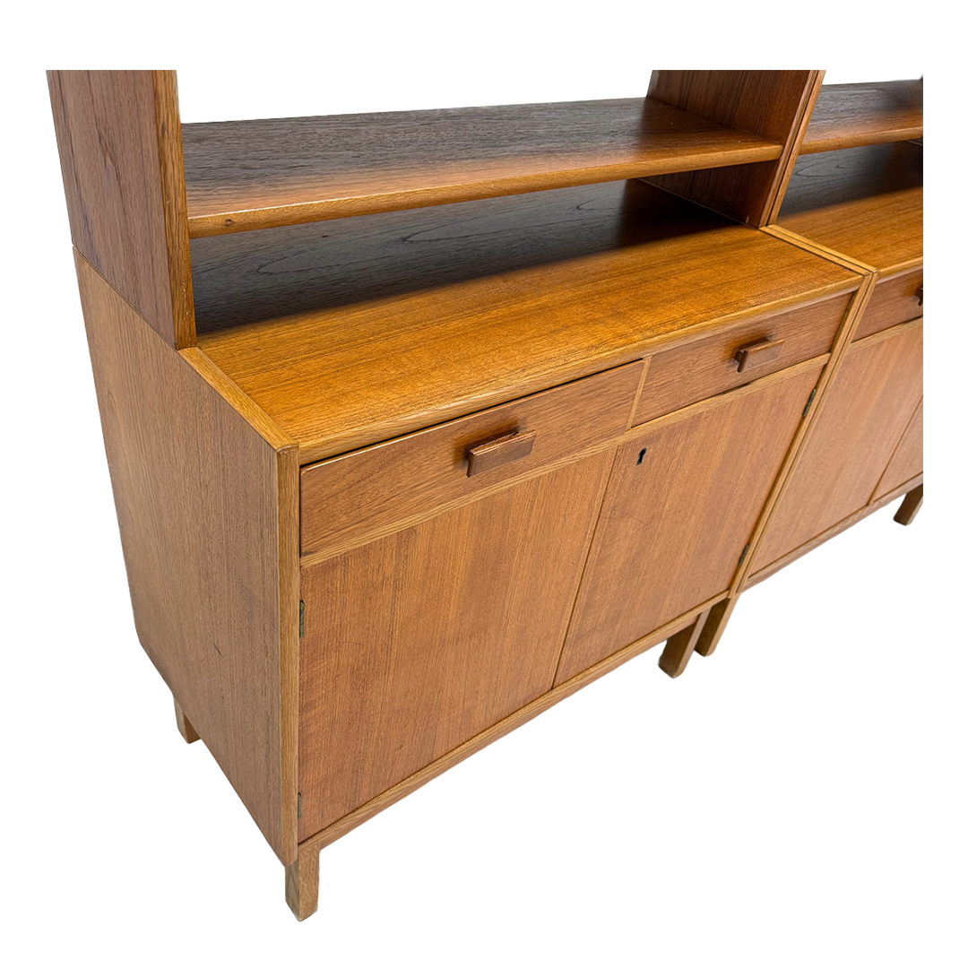 1950s Swedish : teakwood & oak 62" 2-part display cabinet