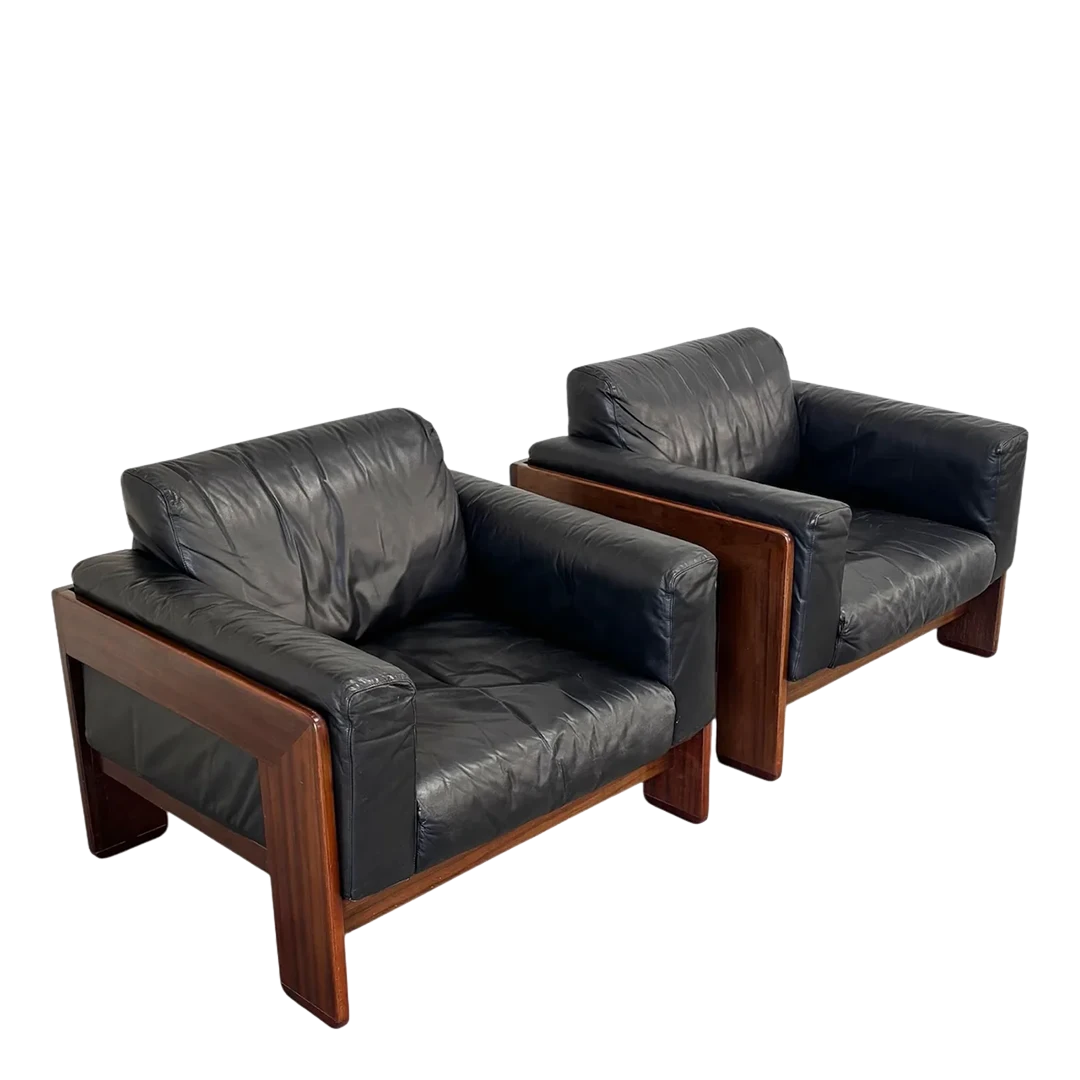 1960s Tobia & Afra Scarpa : pair of black leather "Bastiano" lounge chairs