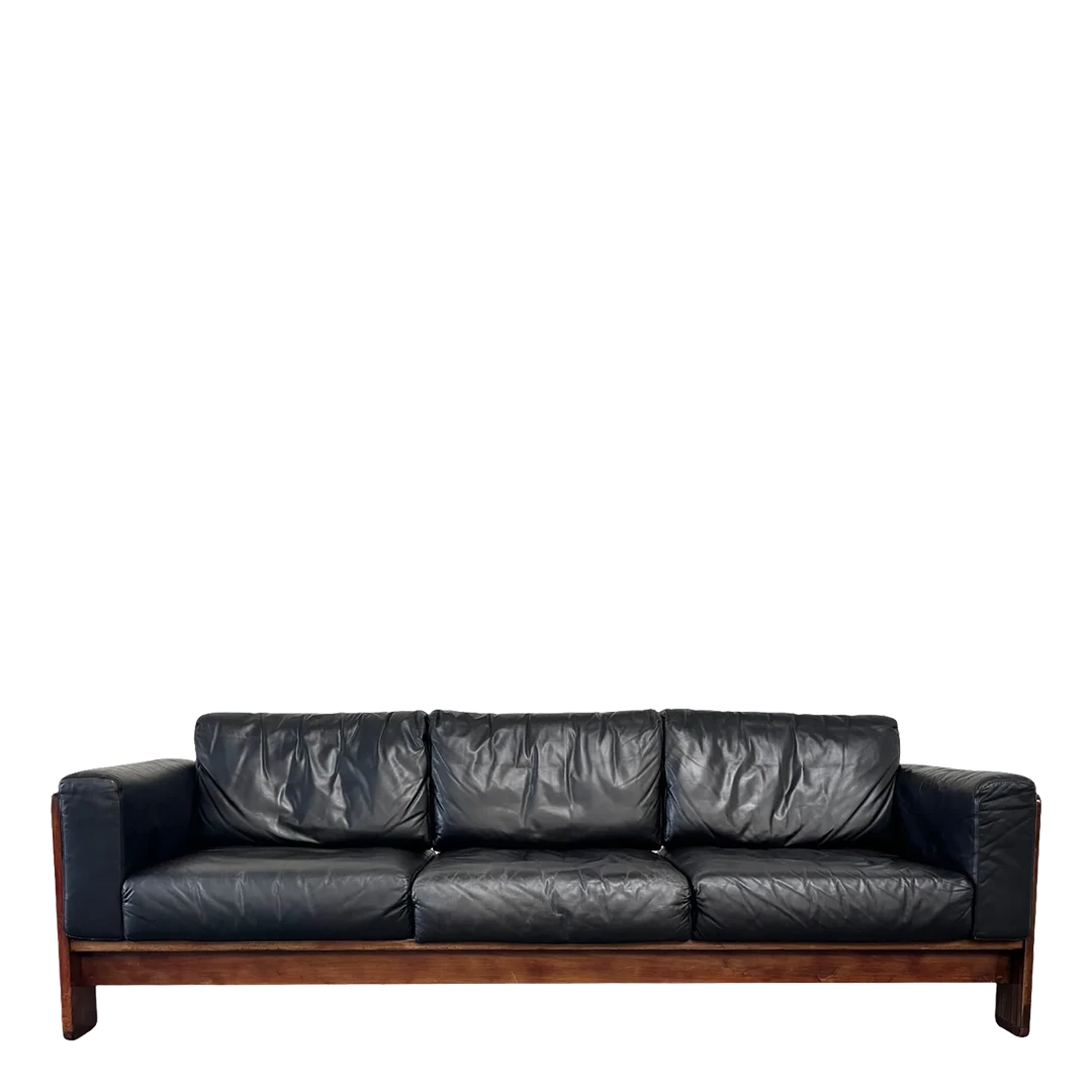 1962 Afra & Tobia Scarpa : black leather 3-seat "Bastiano" sofa, Gavina