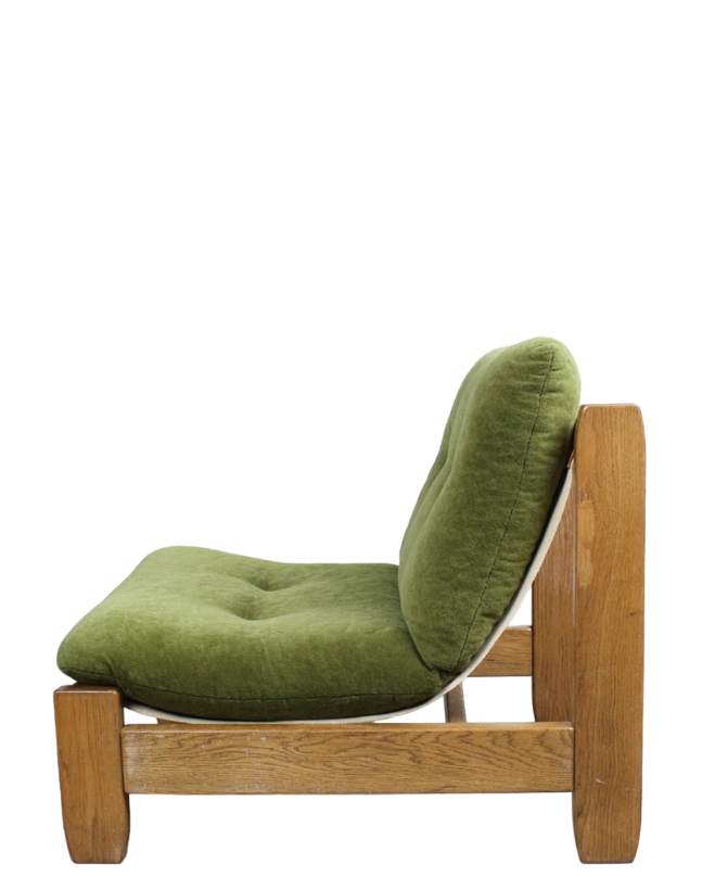 1970s Dutch : solid oakwood, green plush and leather 3-seat sofa